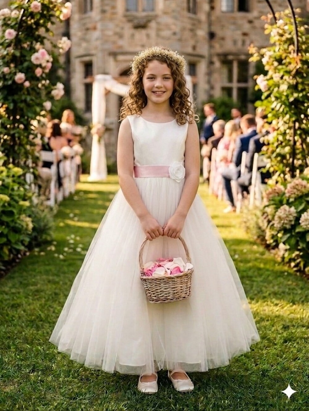Ivory Tulle Flower Girl Dress with Pink Sash.